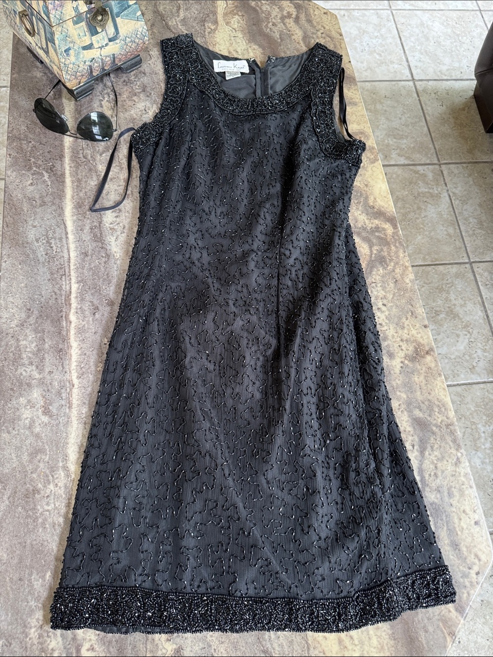 Laurence Kazar Black Beaded silk Sleeveless Dress